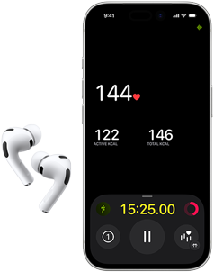 AirPods Pro 3, lower half of iPhone 17 Pro screen, Fitness app displaying heart rate